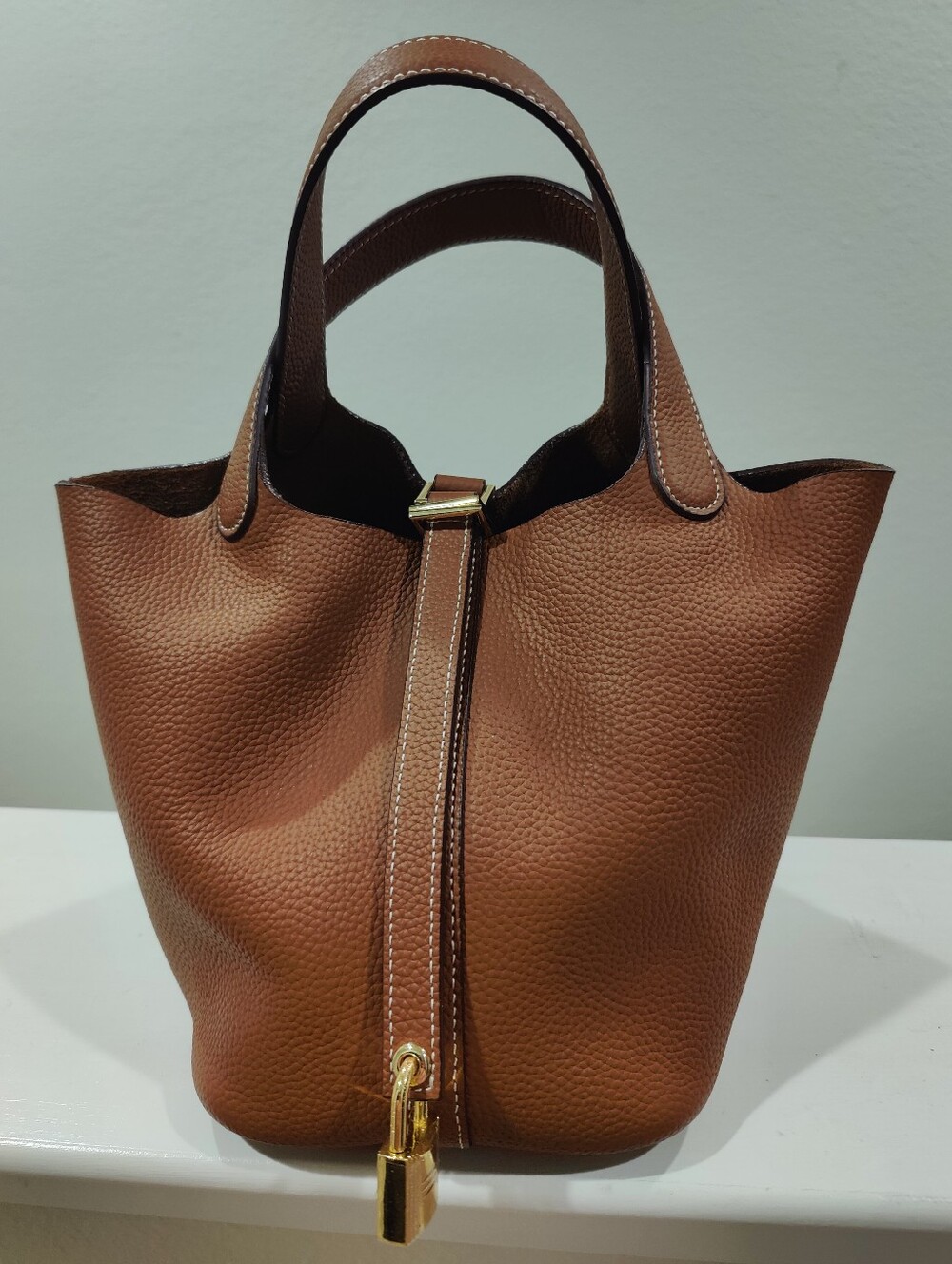 Brown Gold Leather Bucket Tote Bag